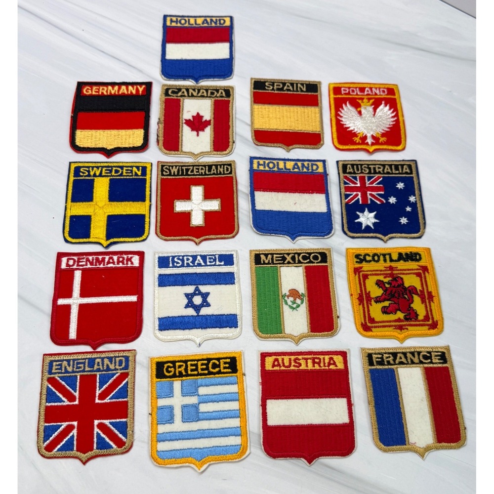Vintage World Flag Shield Patches Lot of 17 Travel Souvenir Embroidered Iron On
